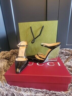 Gucci Regent Wedge Black Patent Leather Double-Strap Pointed Pumps